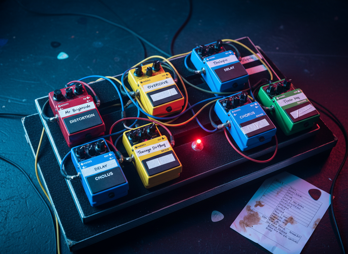 A dynamic overhead shot of a rugged pedalboard on a worn black stage riser, packed with brightly colored guitar effects pedals labeled distortion, overdrive, delay, and chorus. The metal casings are mildly scratched, with strips of white tape hand-marked with song titles like “Mr Brightside” and “Teenage Dirtbag.” Multi-colored patch cables weave between pedals, and a single footswitch glows an intense red, ready to be stomped. A faint scatter of guitar picks and a crumpled, coffee-stained setlist complete the scene. Photographic realism with sharp focus throughout, lit by angled, moody stage lighting in deep blues and reds that create tiny specular highlights on knobs and switches, reflecting the creative “pop-goes-rock” transformation central to the band’s identity.