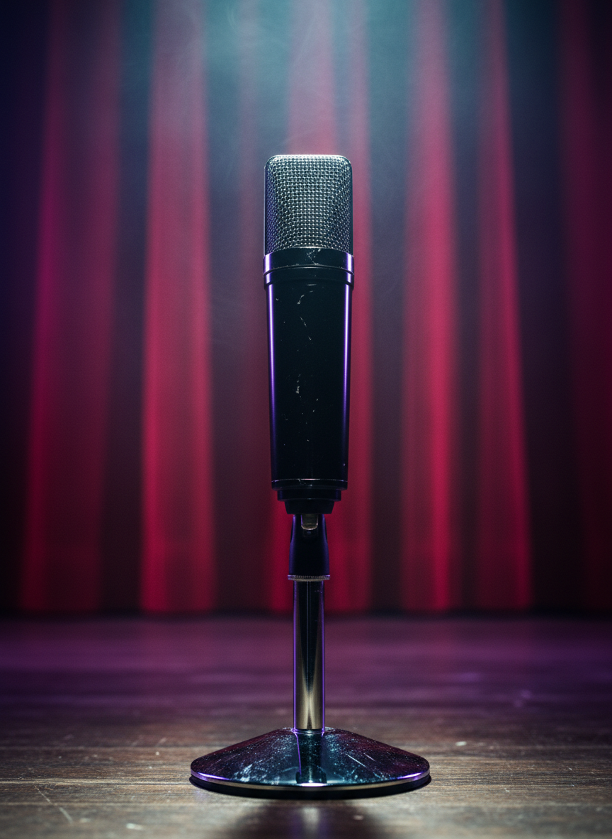 A moody, artistic close-up of a glossy black microphone resting in a heavy chrome stand, positioned center stage in front of a richly textured deep red velvet curtain. The metal grille of the microphone shows fine details and subtle wear, catching a tight beam of cool white spotlight that creates crisp highlights and a gentle halo around the top. Soft purple and blue backlights seep in from the sides, illuminating swirls of stage haze in the background. Photographic realism, captured from a slightly low angle with shallow depth of field so the curtain falls into velvety blur, conveying anticipation, intimacy, and the emotional punch of indie and pop-rock anthems performed live.