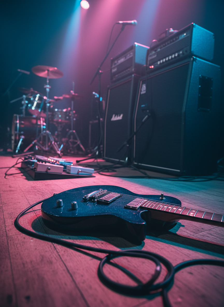 A gleaming electric guitar in deep midnight blue with a subtle sparkle finish rests on a slightly scuffed wooden stage floor, coiled black cable snaking toward a towering stack of guitar amplifiers covered in textured black tolex. The scene is drenched in vibrant stage lighting: saturated magentas and electric blues cutting through a faint haze, casting dramatic, elongated shadows. In the blurred background, drum hardware, microphone stands, and a pedalboard with glowing LEDs hint at a full band setup. Photographic realism, shot from a low, three-quarter angle with shallow depth of field, emphasizes the guitar’s curves and metal hardware, creating an energetic, high-voltage atmosphere perfect for an indie rock covers band homepage hero image.