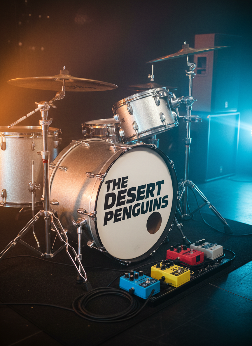 A close-up of a well-worn drum kit featuring a sparkling silver snare, slightly tarnished brass cymbals, and a bass drum with a bold “The Desert Penguins” logo in sharp black typography against a clean white head. The kit is surrounded by neatly coiled instrument cables and a tangle of colorful guitar pedals on a rubberized stage mat. Rich amber and icy blue LED stage lights cross from opposite sides, catching cymbal edges and creating glints on chrome hardware through a light fog. Captured in photographic realism from a slightly elevated side angle, with crisp focus on the logo and gentle bokeh on the background PA speakers, the composition feels loud, tight, and ready to explode into an indie rock anthem.
