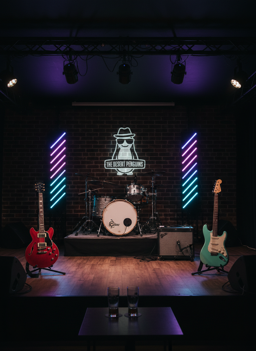 An atmospheric wide shot of an empty small-venue stage in a cozy UK club, set for The Desert Penguins. Two guitar stands hold contrasting instruments—a cherry red semi-hollow and a surf-green solid-body—flanking a minimalist black bass amp. A compact drum kit with white heads sits center stage, framed by vertical LED light bars casting shifting stripes of neon purple and cyan against a dark brick back wall. Overhead, par cans project soft, diffused warm white light that pools on the stage, leaving the front floor in gentle shadow. Photographic realism, shot from audience eye level using a slightly wide lens, captures the full setup with moderate depth of field, creating a tangible sense of anticipation and high-energy indie rock vibes before the first chord hits.