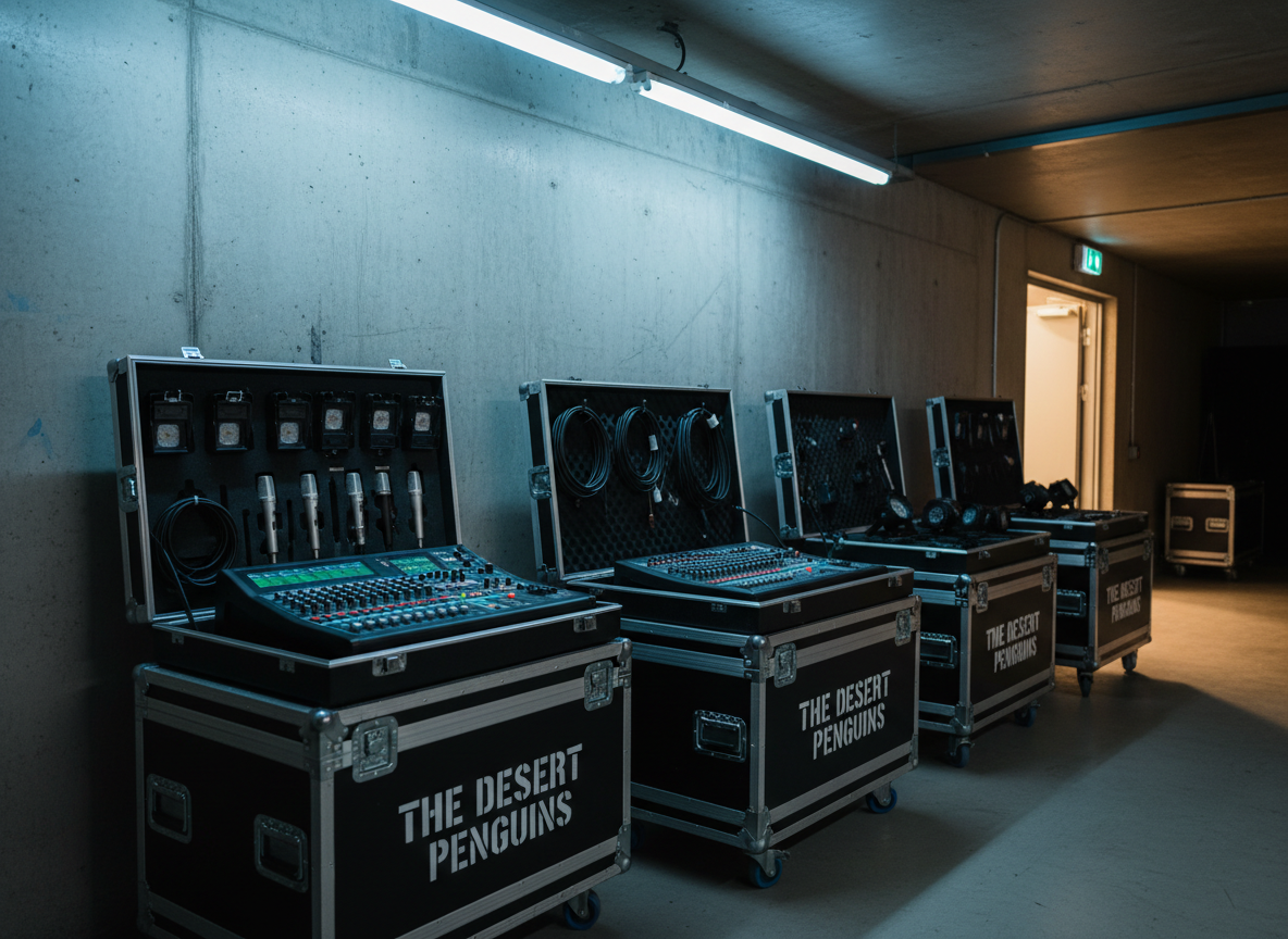 A cinematic backstage gear lineup featuring black road cases stenciled with “The Desert Penguins” in bold white lettering, stacked neatly against an industrial concrete wall. Open cases reveal neatly packed microphones, coiled XLR cables, and compact LED lighting fixtures with metal barn doors. A sleek digital mixing desk with glowing meters and color-coded faders sits on a sturdy flight case, ready for soundcheck. Soft, cool overhead warehouse lighting mixes with a warm side spill from an open stage door, creating contrasting color temperatures and subtle shadows. Photographic realism from a mid-height, three-quarter angle with moderate depth of field emphasizes professional equipment and a sense of reliability, underscoring the band’s promise to provide full PA and lighting for events and weddings.